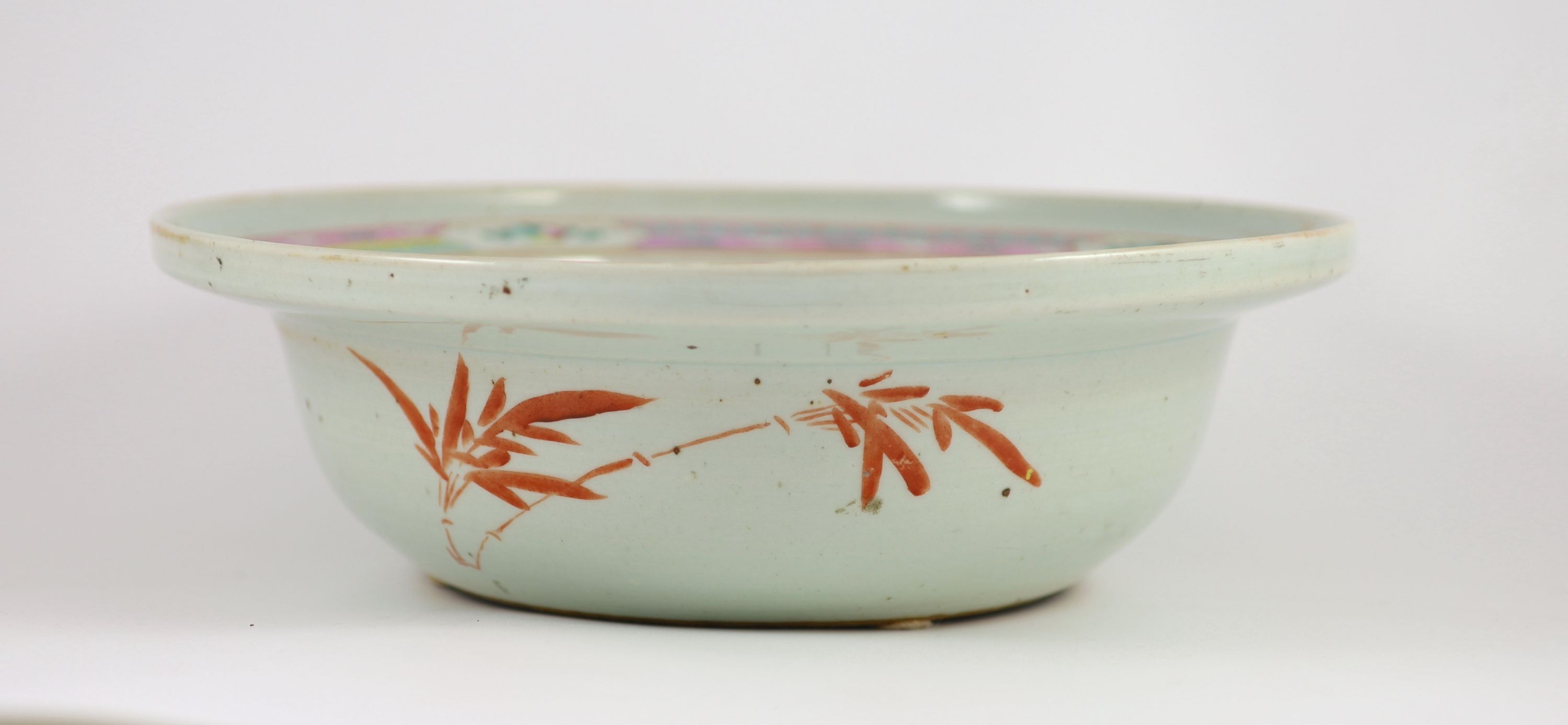 A Chinese famille rose wash basin, mid 19th century, 37.5 cm diameter, over-glazed firing crack